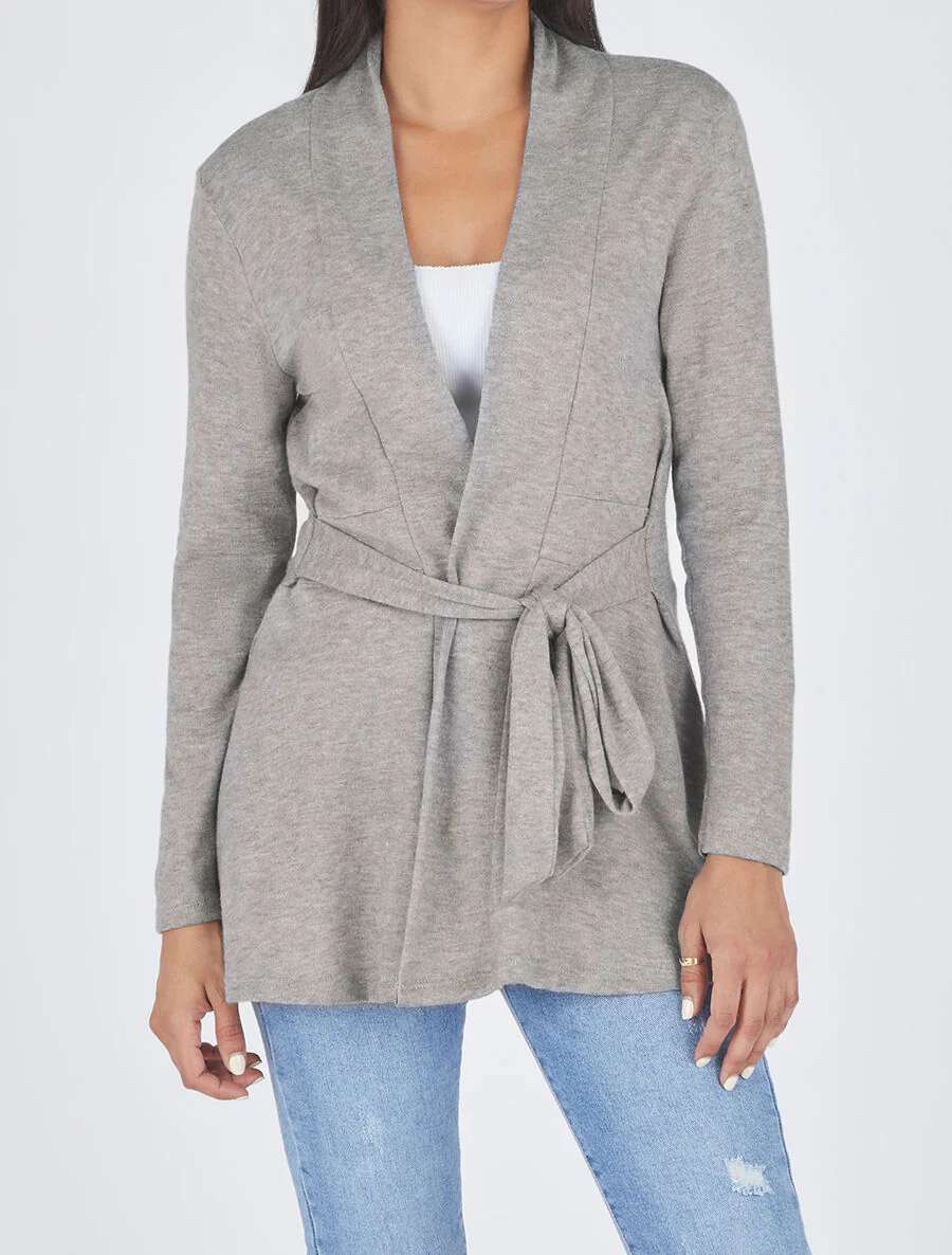 Gilet mi-long uni et ceinturé - Gris - Image 4