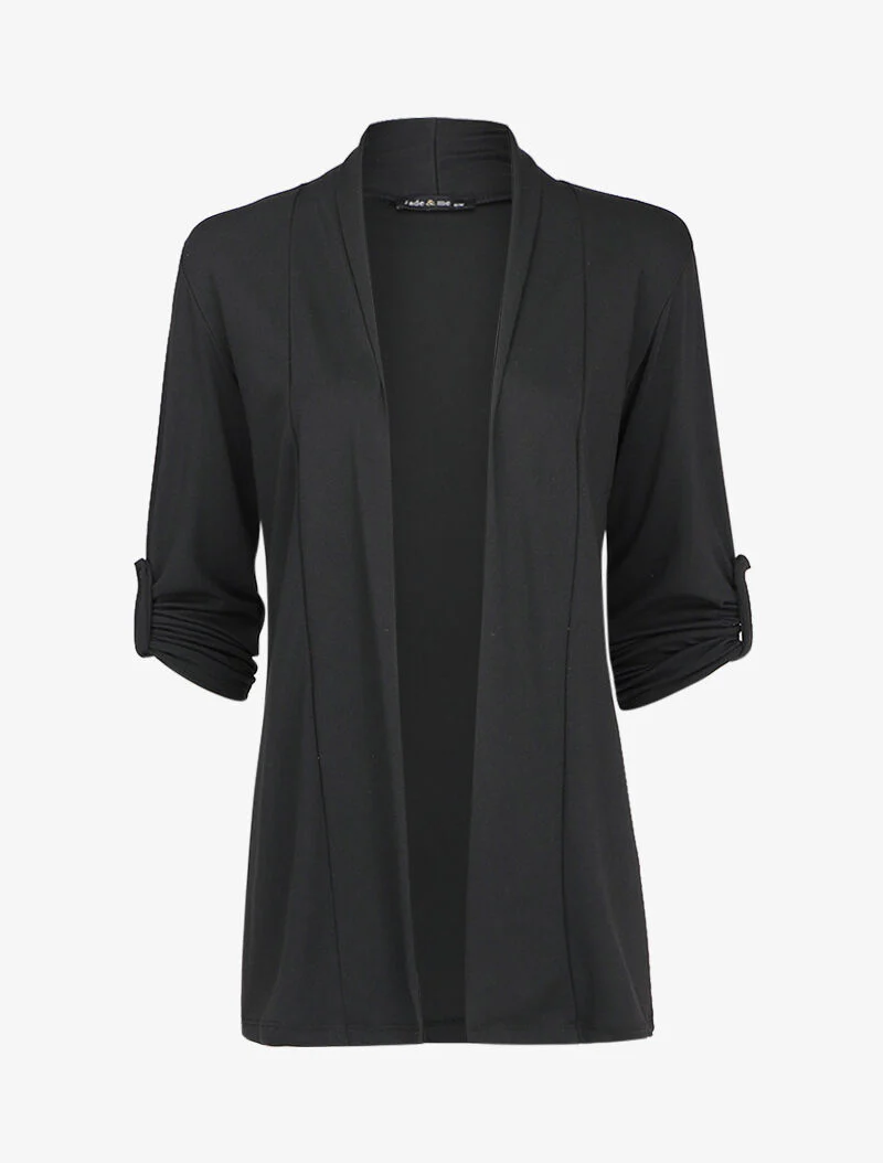 Gilet ouvert à encolure droite et manches 3/4 rabattables - Noir