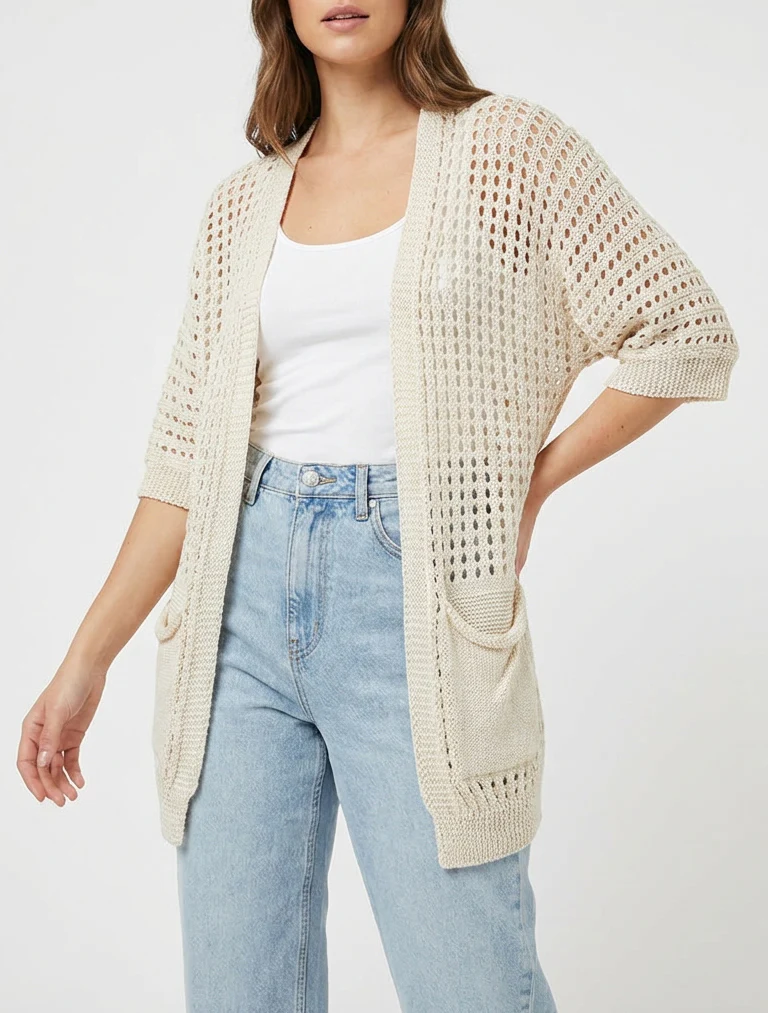 Gilet ouvert ajouré - Beige - Image 4