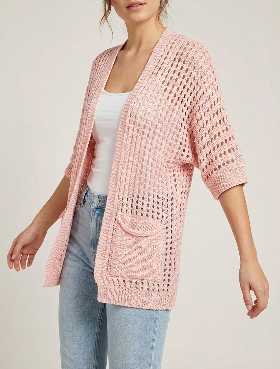 Gilet ouvert ajouré - Rose - Image 4