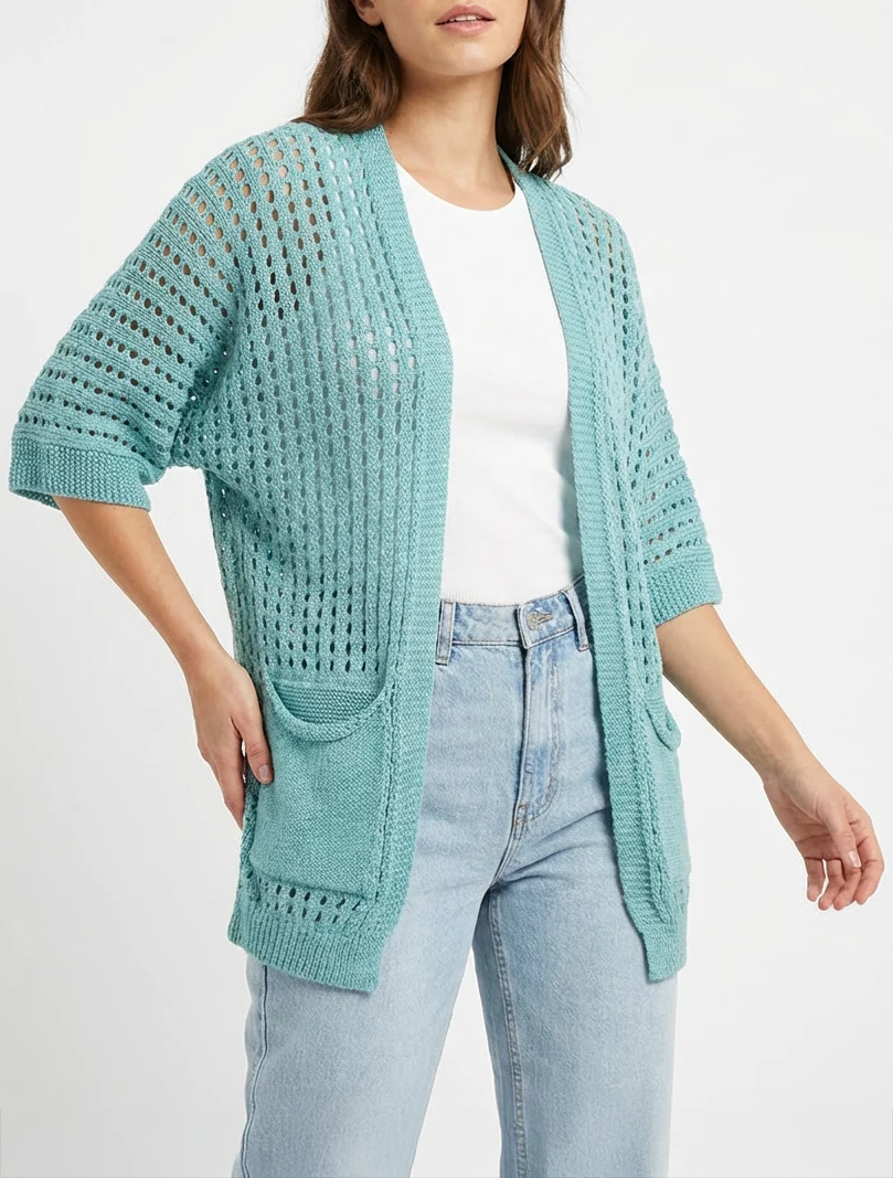 Gilet ouvert ajouré - Turquoise - Image 4