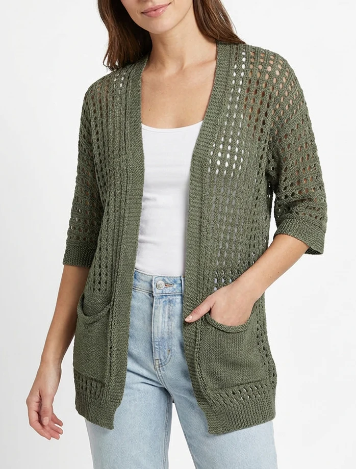 Gilet ouvert ajouré - Kaki - Image 4