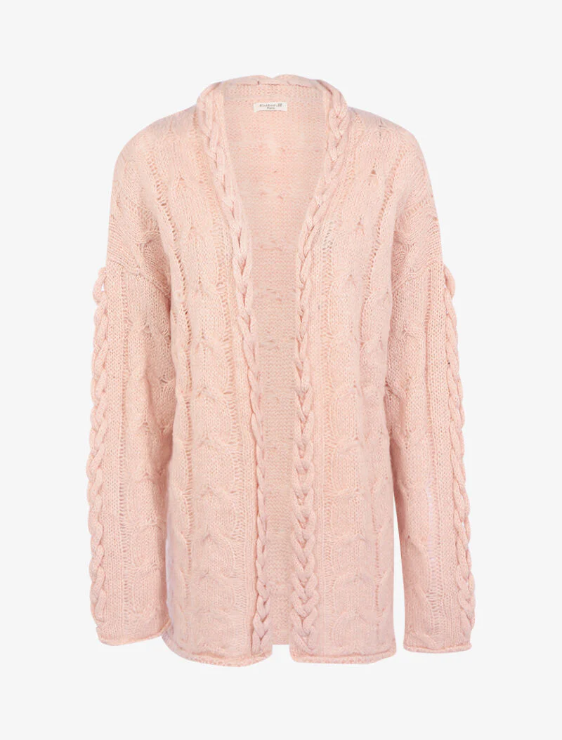Gilet ouvert en maille tressée - rose