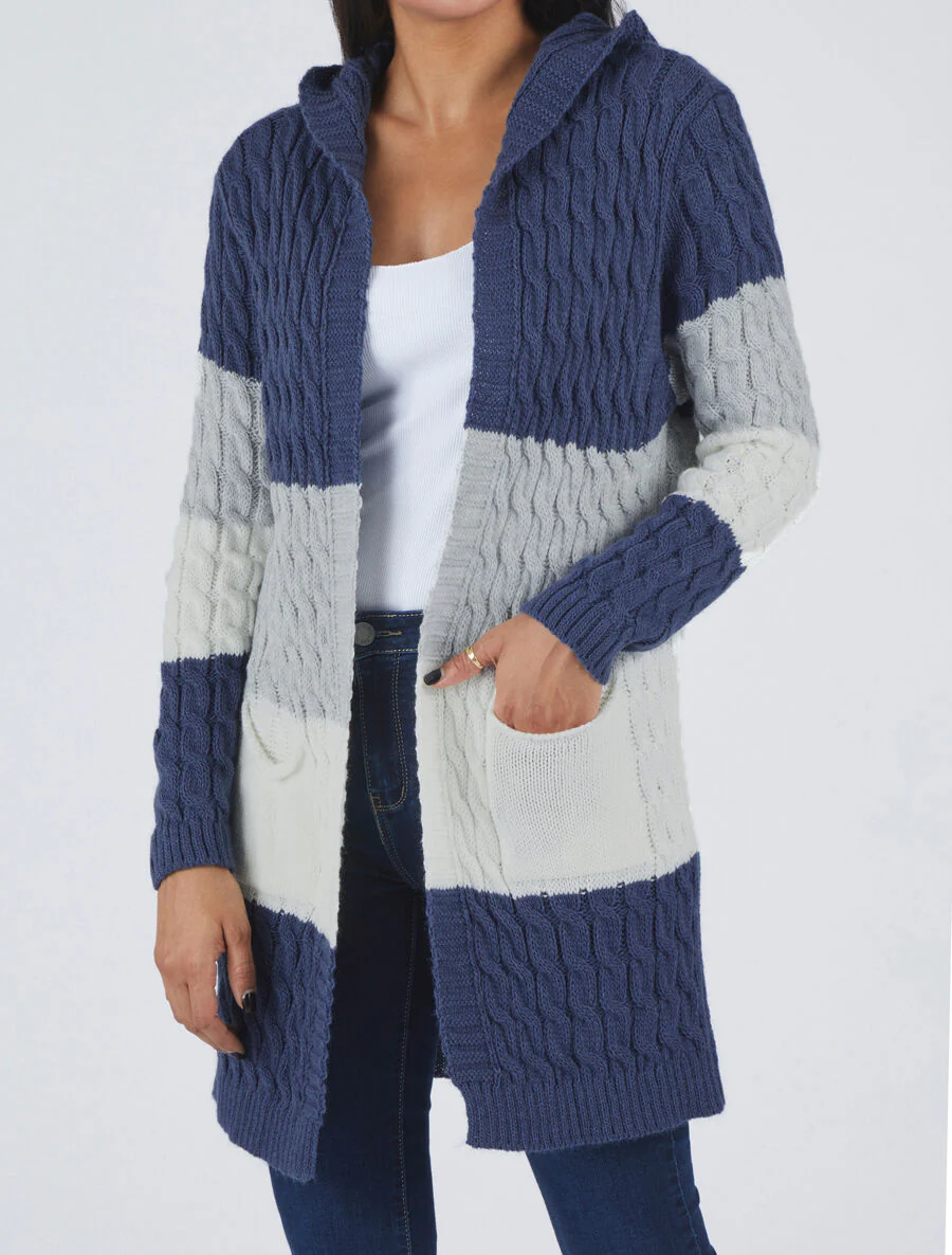 Gilet rayé à capuche - Bleu jean - Image 4