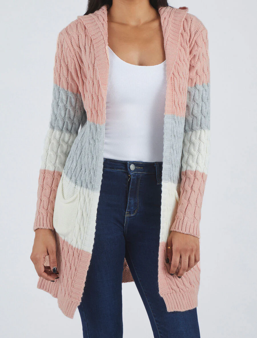 Gilet rayé à capuche - Rose - Image 4