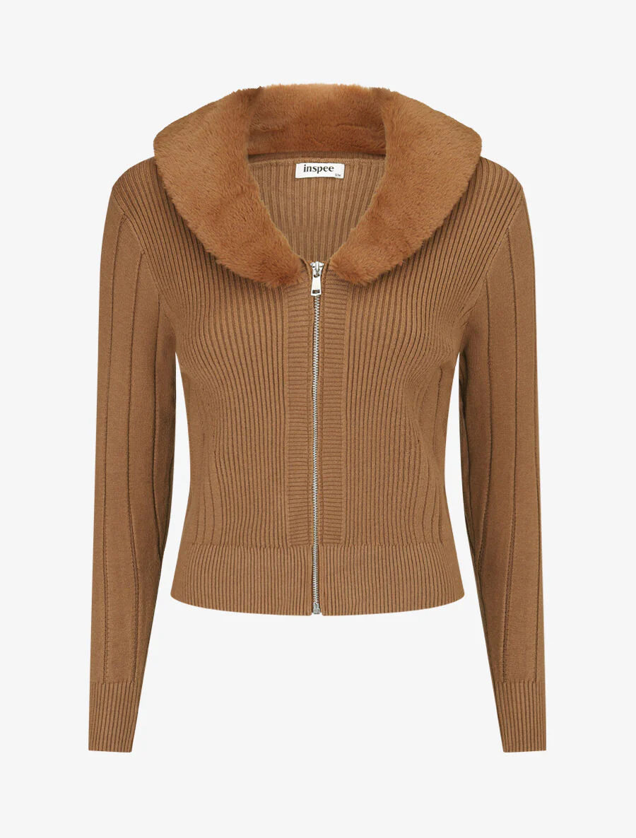 Gilet zippé et col à fourrure synthétique - Camel