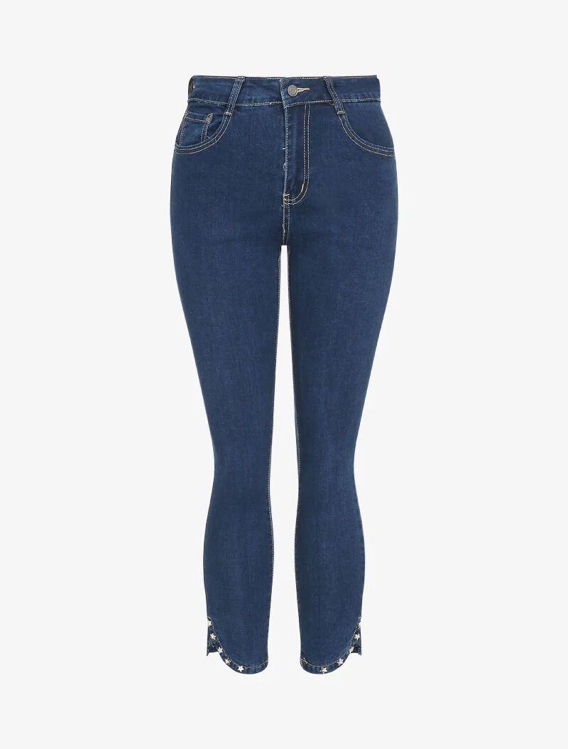 Jean 7/8 à bords à clous style étoiles - Bleu denim