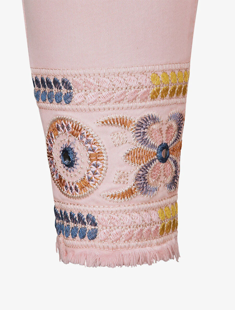 Jean 7/8 à bords coupe franche et ornés de broderies - Rose - Image 3