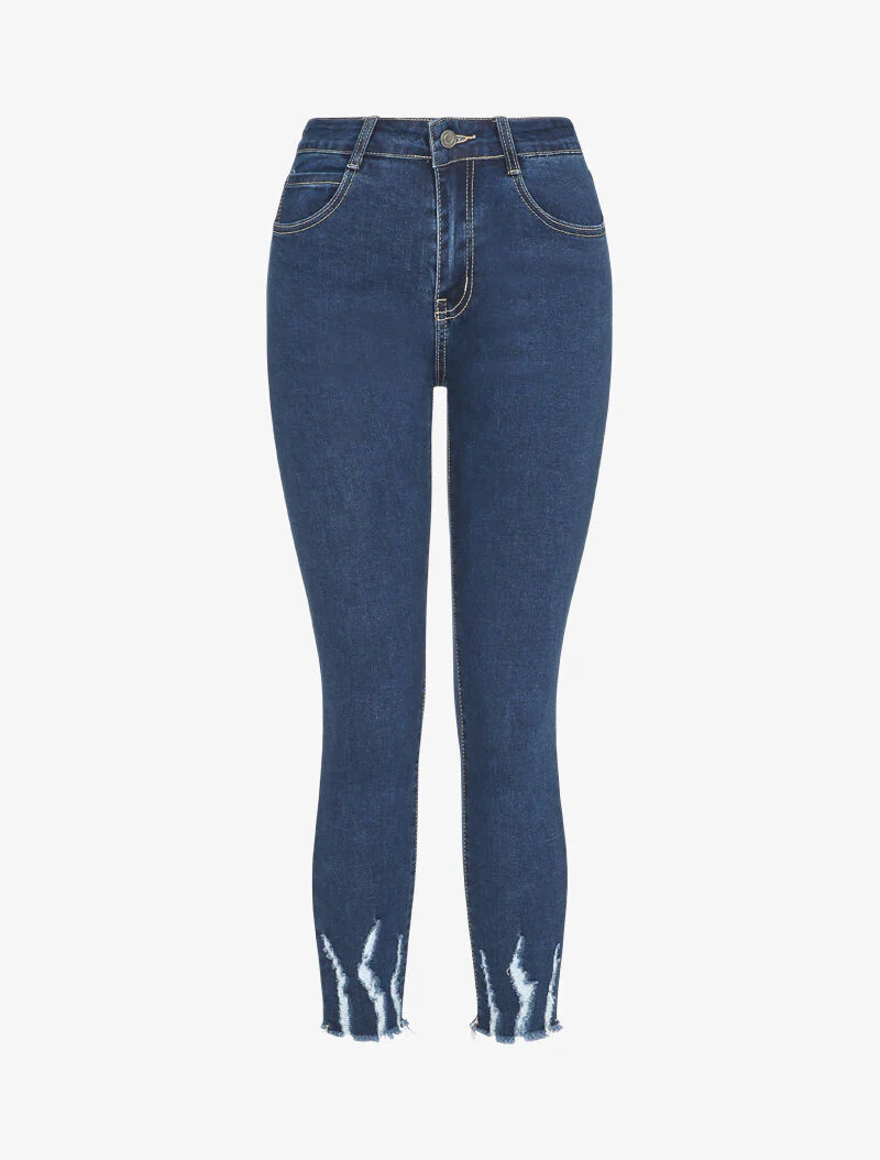 Jean 7/8 à bords coupe franche griffés - Bleu denim