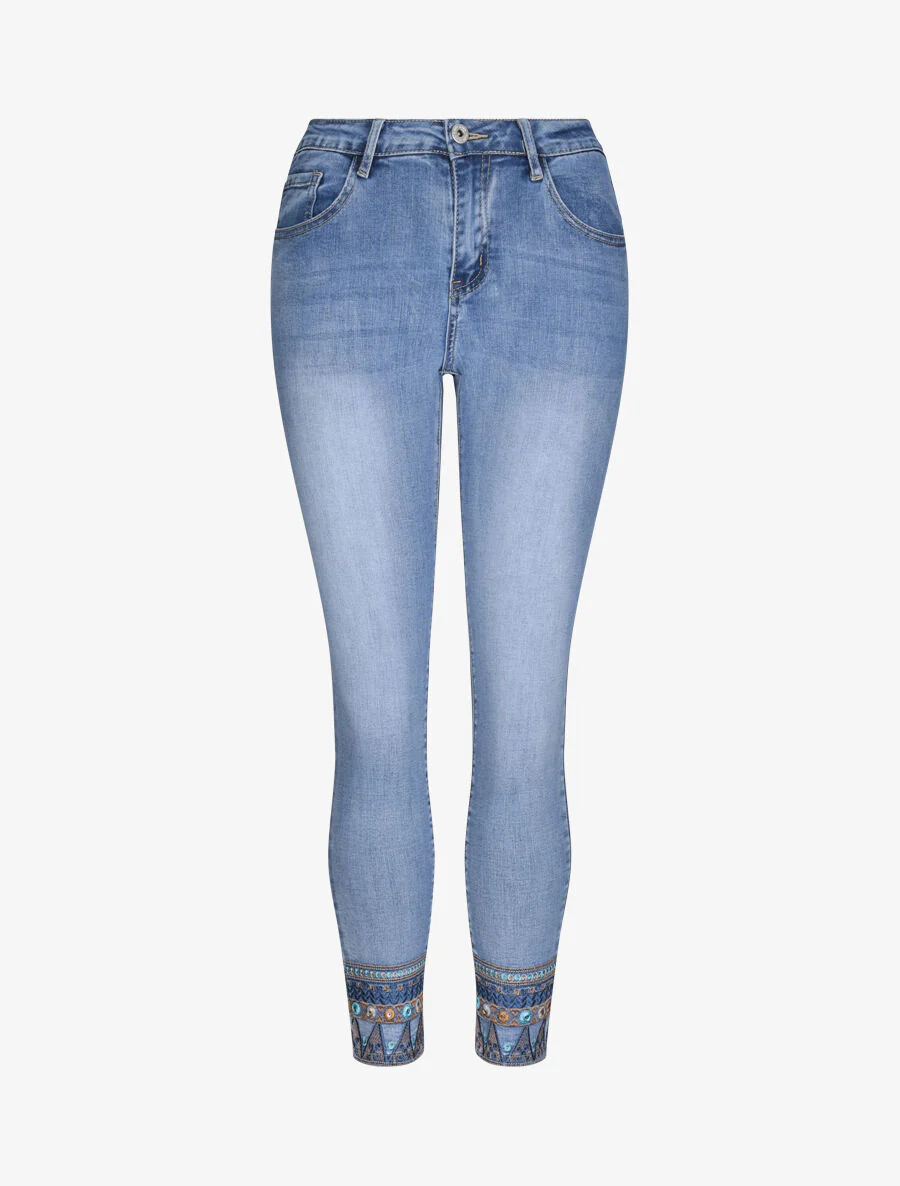 Jean 7/8 à bords ornés de broderies - Bleu denim