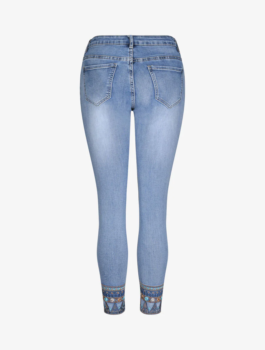 Jean 7/8 à bords ornés de broderies - Bleu denim - Image 2