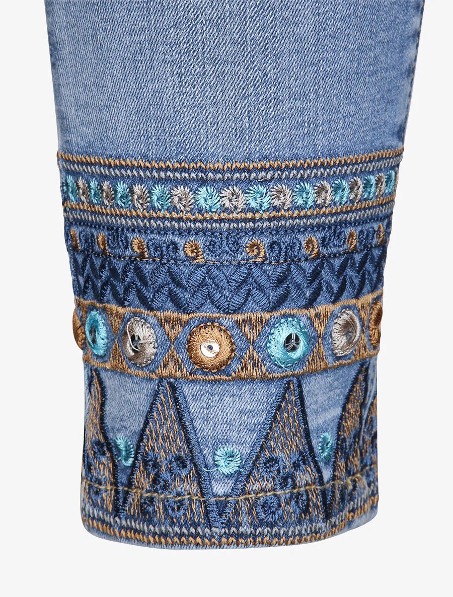 Jean 7/8 à bords ornés de broderies - Bleu denim - Image 3