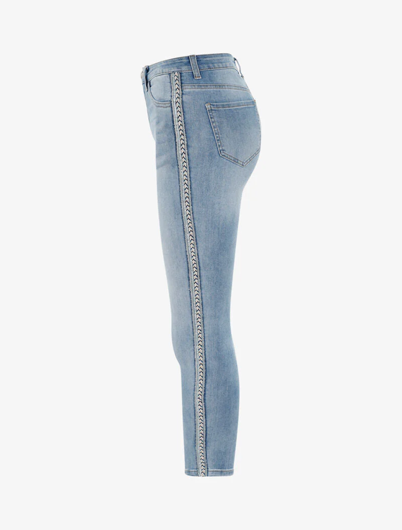 Jean 7/8 à liserés tressés et brodés - denim clair - Image 3