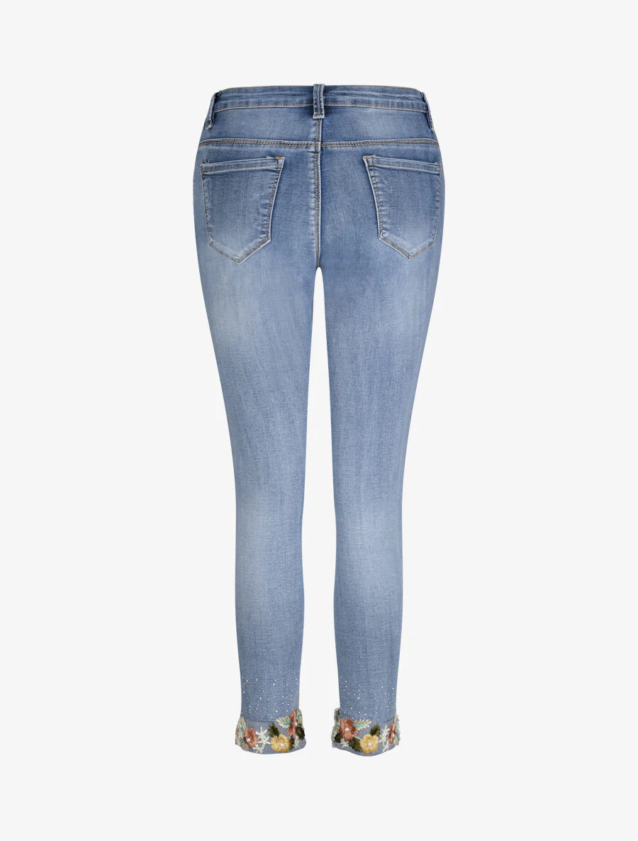 Jean 7/8 à revers orné de broderies et de strass - Bleu denim - Image 2