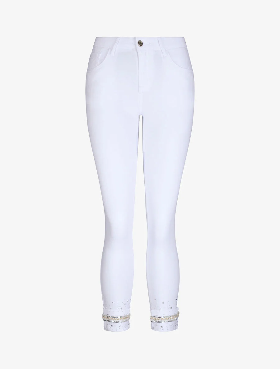 Jean 7/8 à revers orné de strass - Blanc