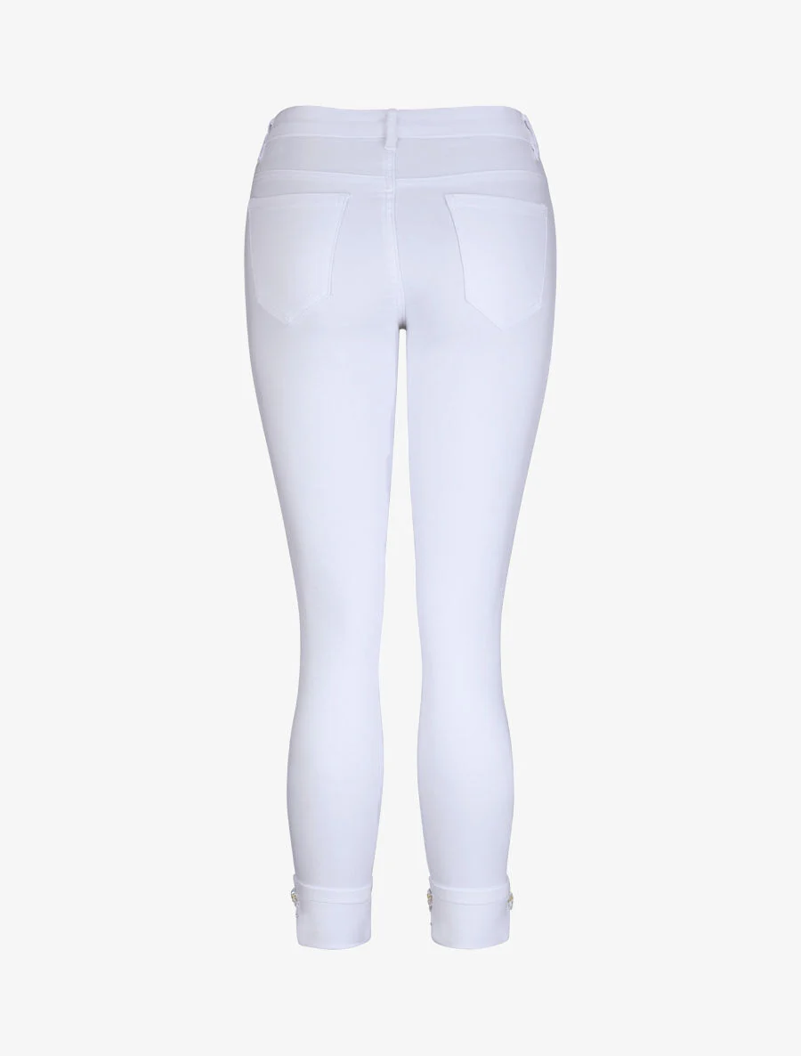 Jean 7/8 à revers orné de strass - Blanc - Image 2