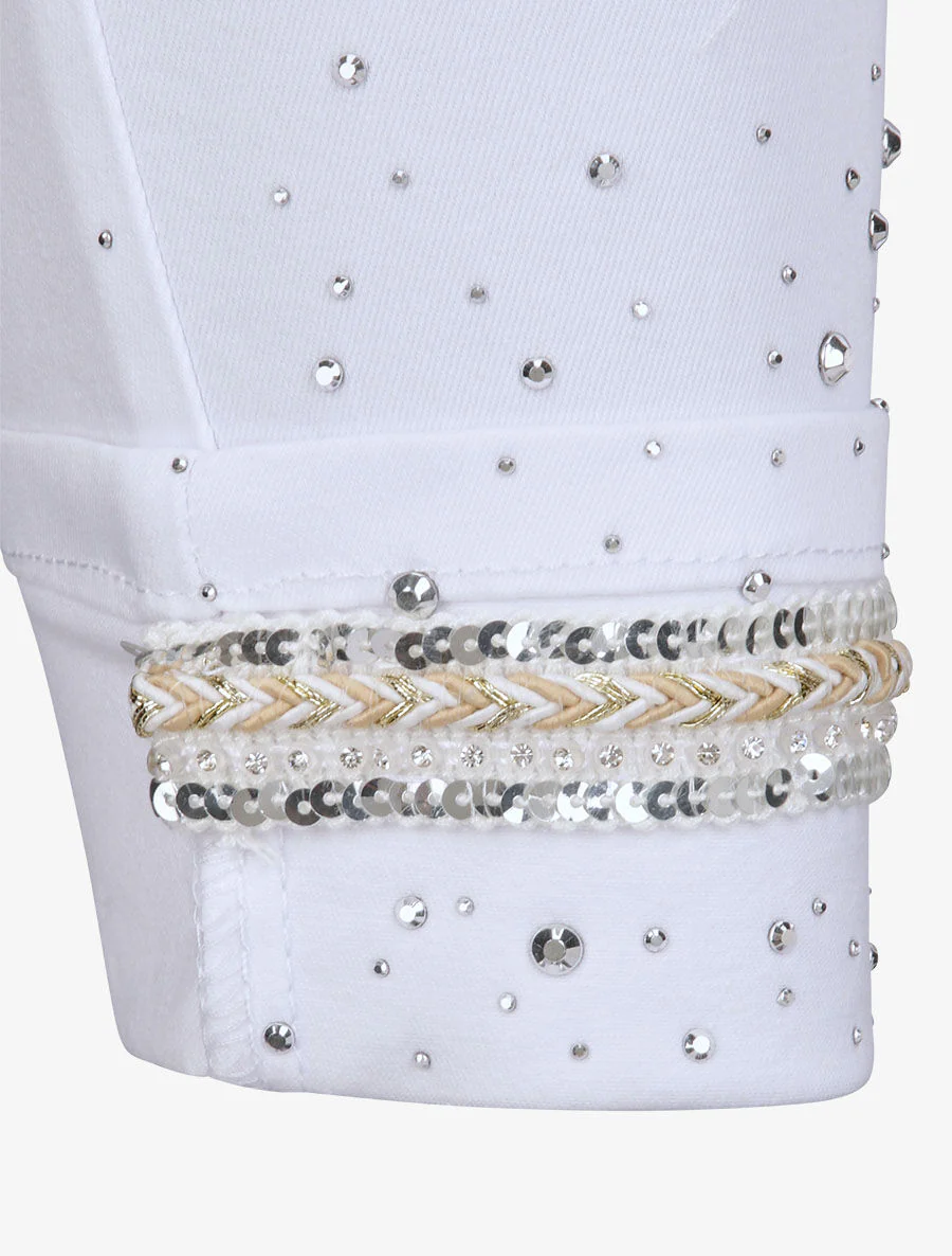 Jean 7/8 à revers orné de strass - Blanc - Image 3