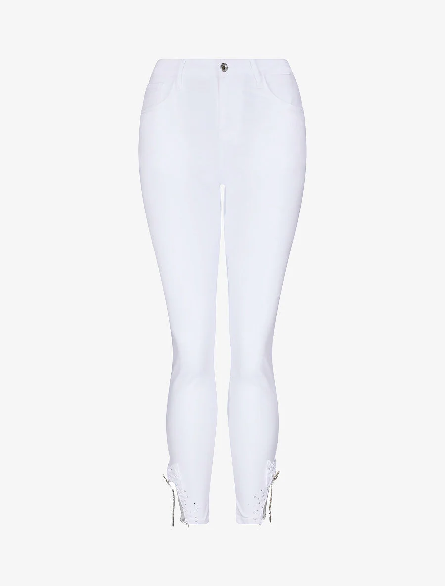Jean 7/8 orné de strass et dentelle - Blanc - Image 3