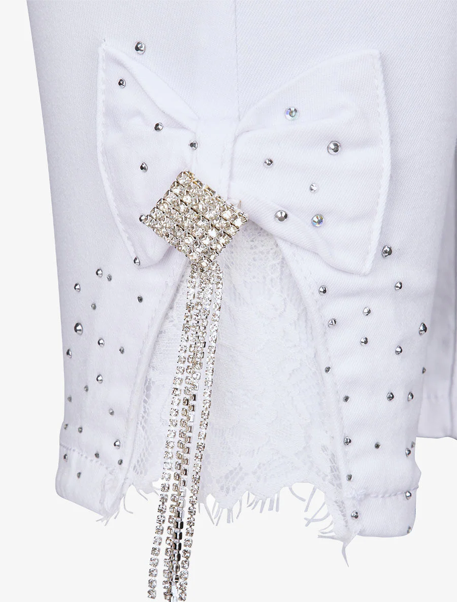 Jean 7/8 orné de strass et dentelle - Blanc - Image 5