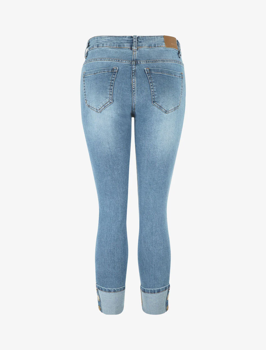 Jean 7/8 slim taille standard bords à boutons - Bleu - Image 2
