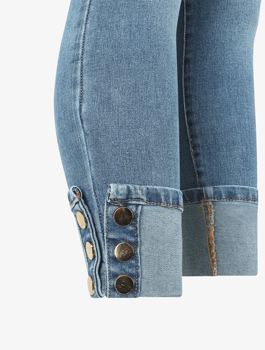 Jean 7/8 slim taille standard bords à boutons - Bleu - Image 3