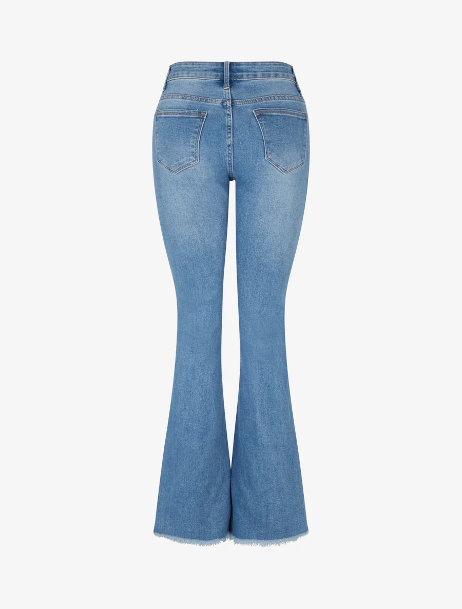 Jean à bords frangés coupe flare - Bleu - Image 2