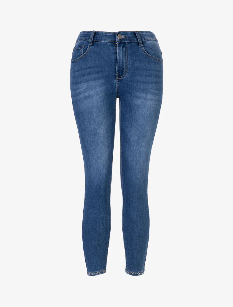 Jean à fins bords strassés - bleu denim