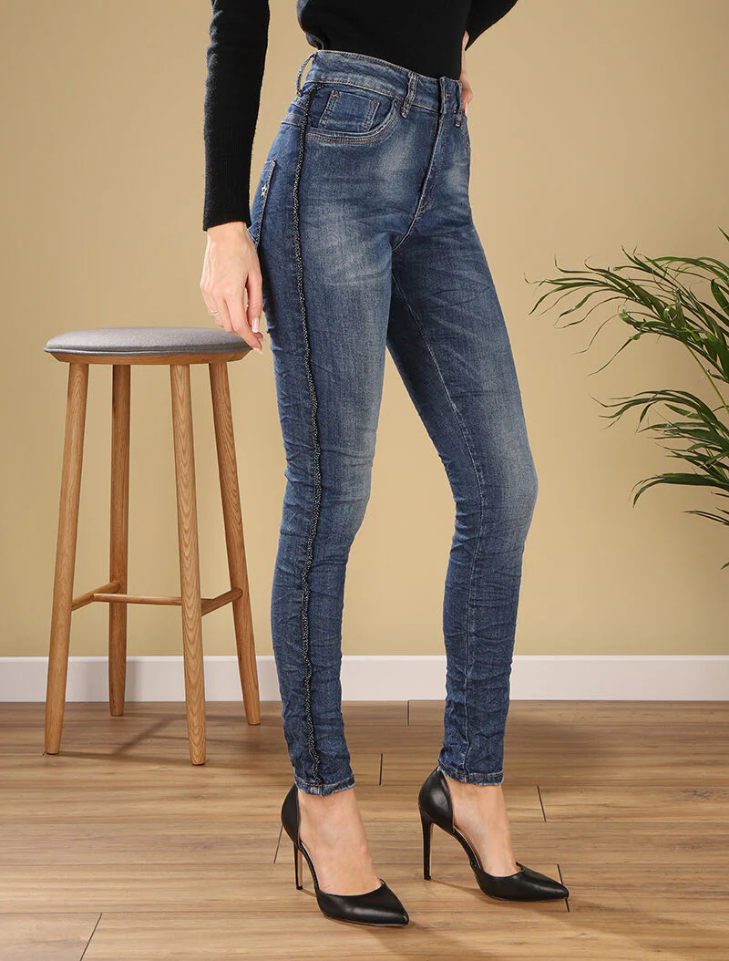 Jean à liseré de perles - Denim foncé - Image 4