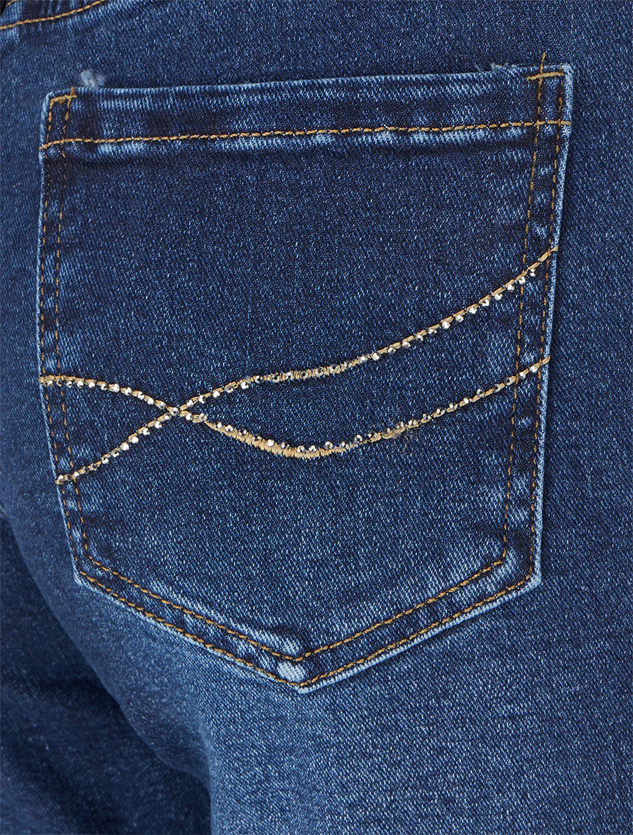 Jean à poches strassées coupe droite - Bleu - Image 3