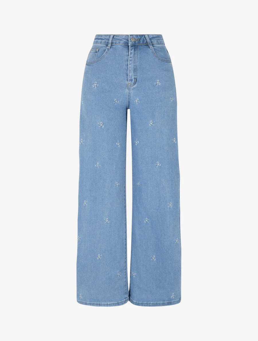Jean ample à broderie motif noeuds - Bleu