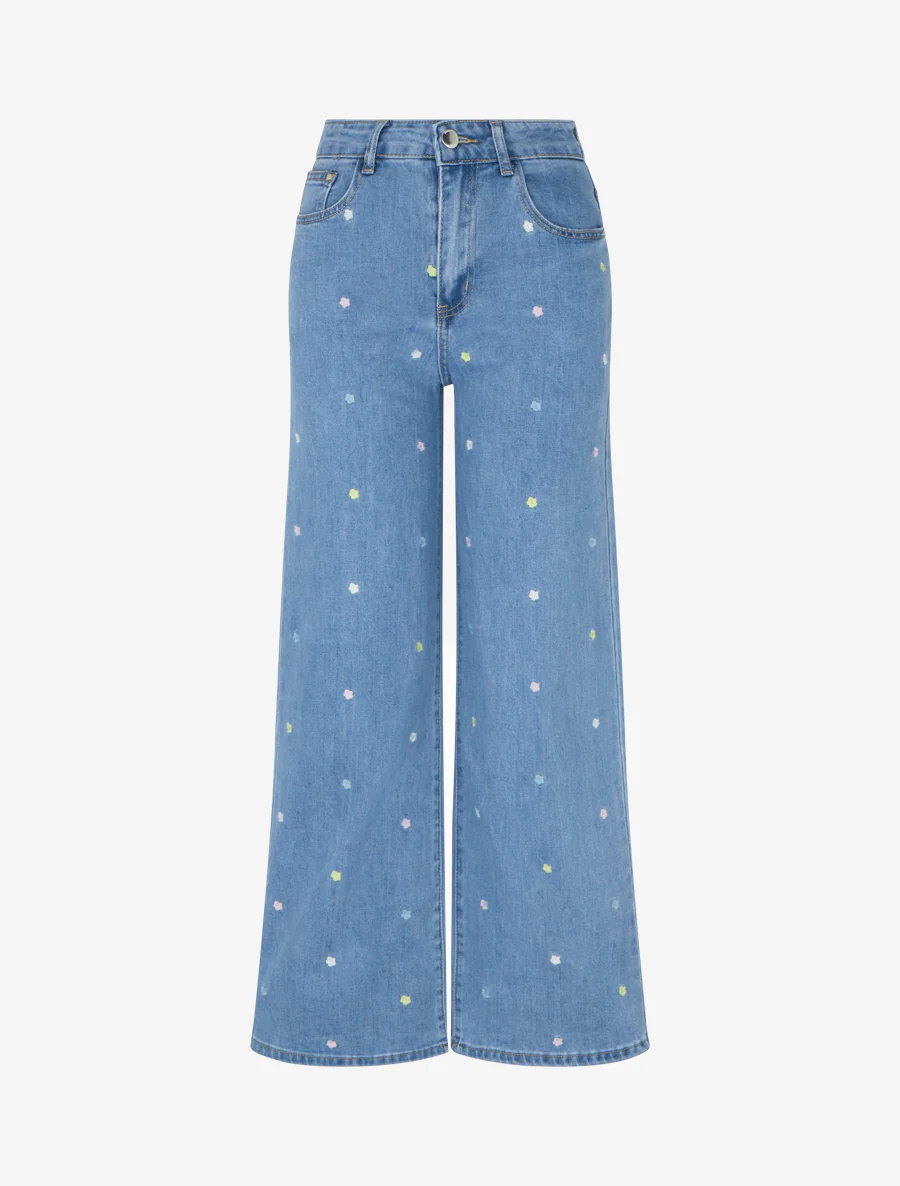 Jean ample à broderies motif fleurs - Bleu