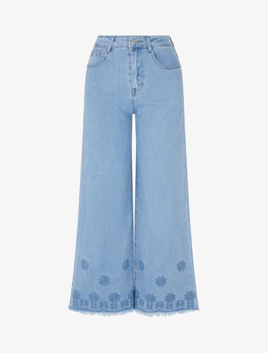 Jean ample à taille haute et bords brodés - Bleu