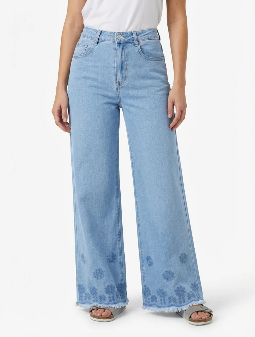 Jean ample à taille haute et bords brodés - Bleu - Image 4