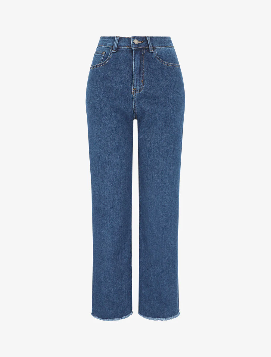 Jean ample taille haute bords effilochés - Bleu