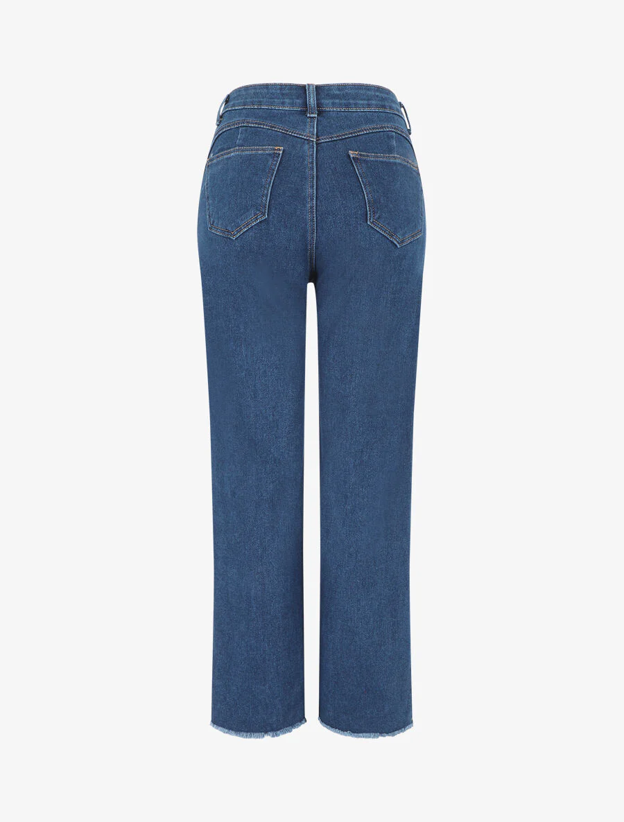 Jean ample taille haute bords effilochés - Bleu - Image 2