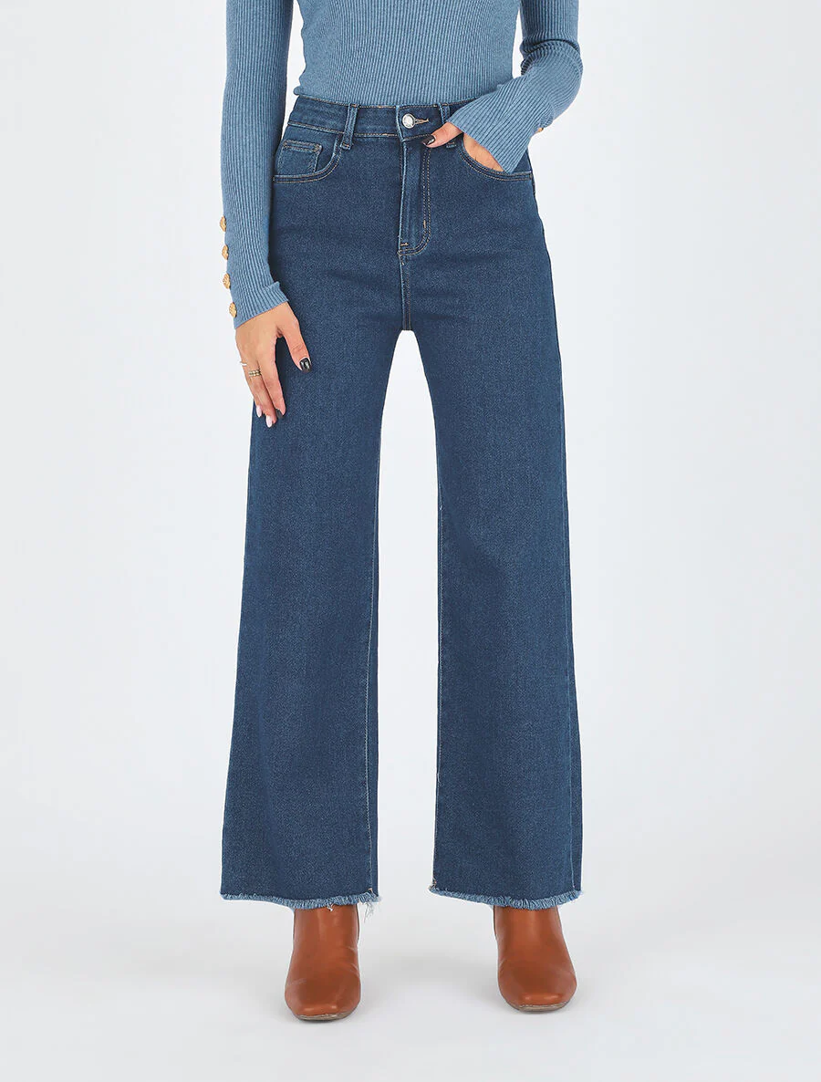 Jean ample taille haute bords effilochés - Bleu - Image 4