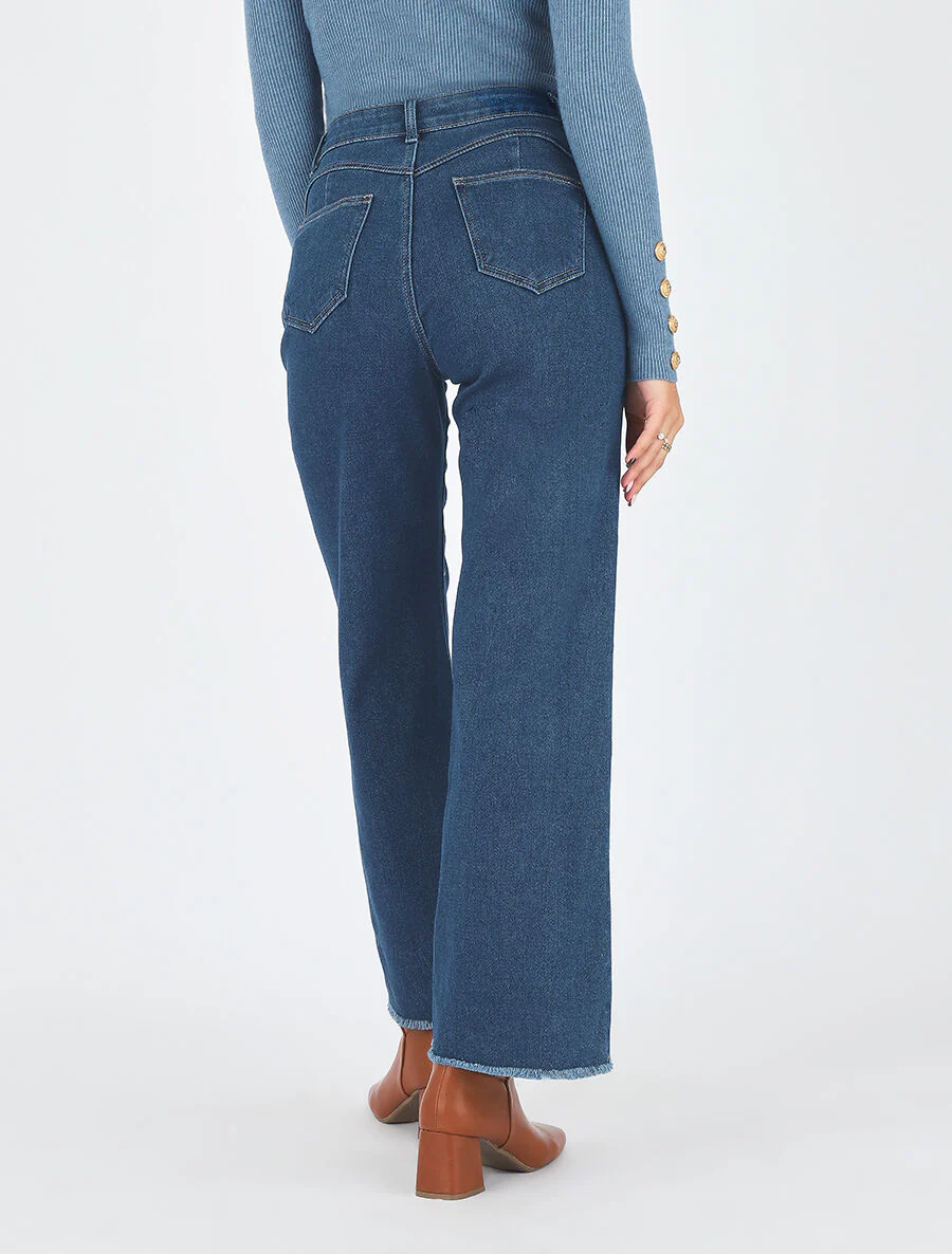 Jean ample taille haute bords effilochés - Bleu - Image 5