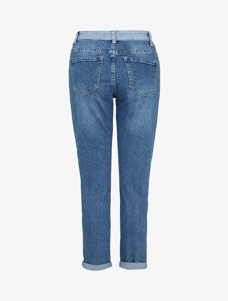 Jean boyfriend à taille basse contrastante - Bleu denim - Image 2