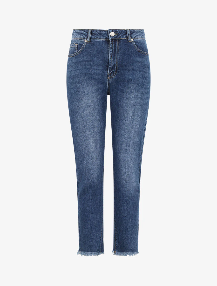 Jean boyfriend taille haute à bords coupe franche - Bleu