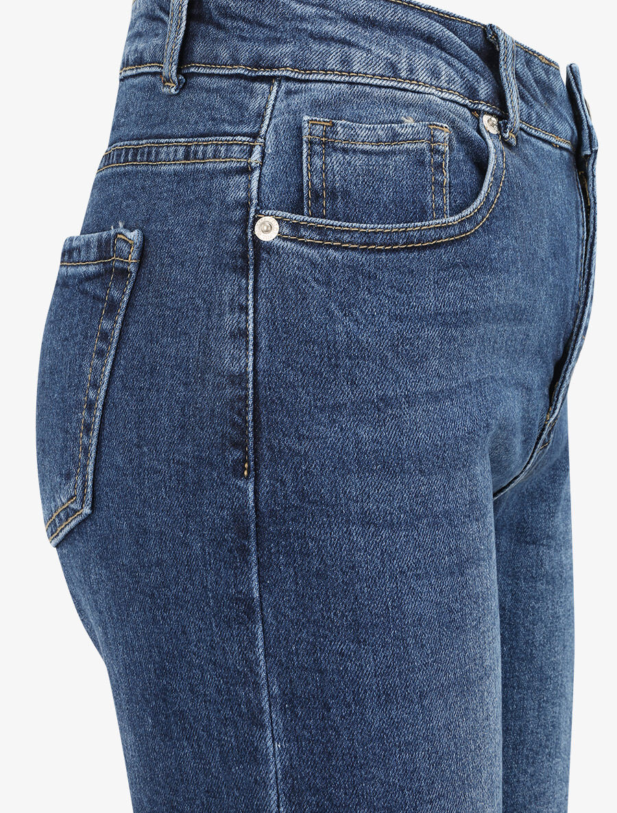 Jean boyfriend taille haute à bords coupe franche - Bleu - Image 3