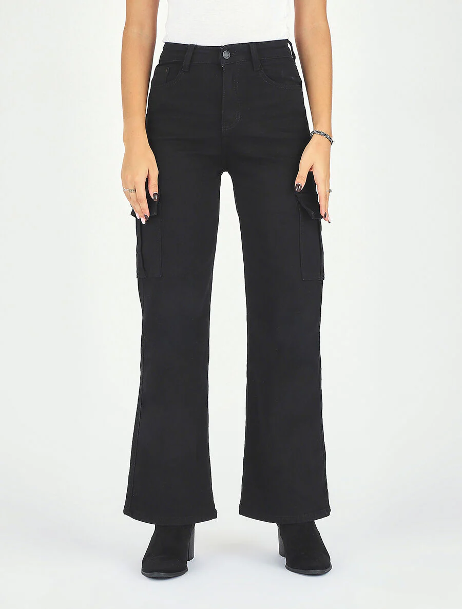 Jean cargo droit taille haute - Noir - Image 4