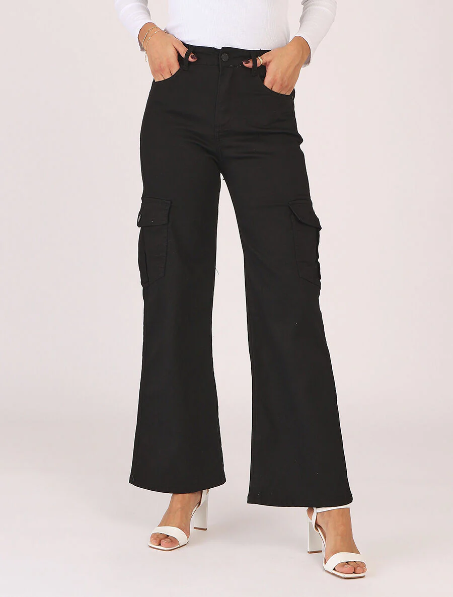 Jean cargo droite taille haute - Noir - Image 4