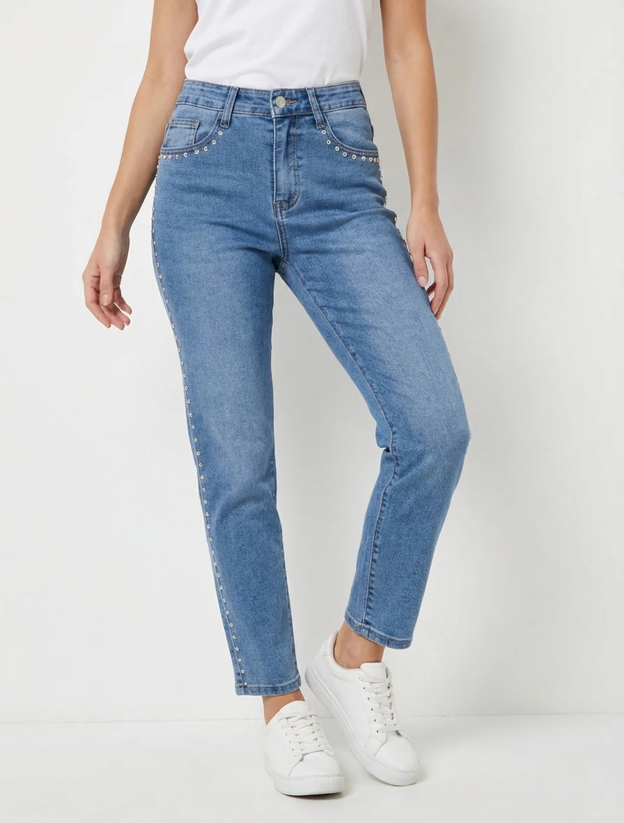 Jean clouté coupe mom fit - Bleu - Image 5