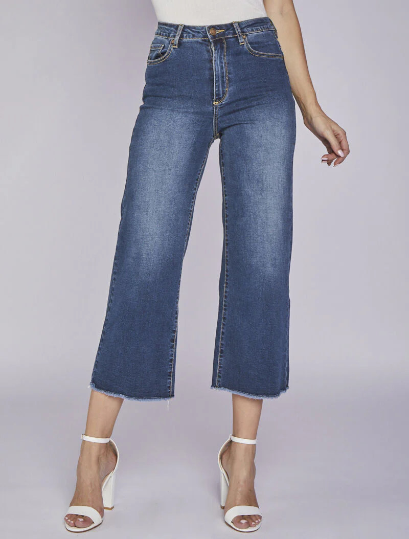 Jean droit 7/8 à bords effilochés - Bleu denim