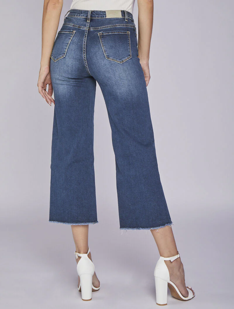Jean droit 7/8 à bords effilochés - Bleu denim - Image 2