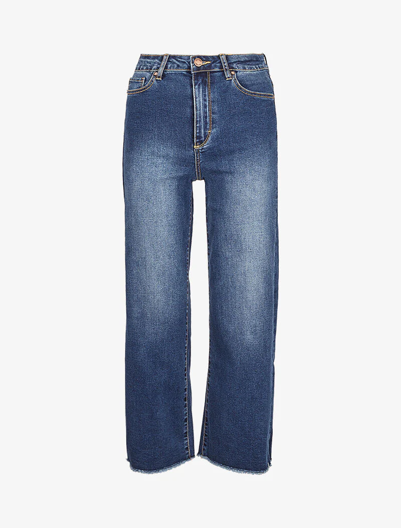 Jean droit 7/8 à bords effilochés - Bleu denim - Image 3