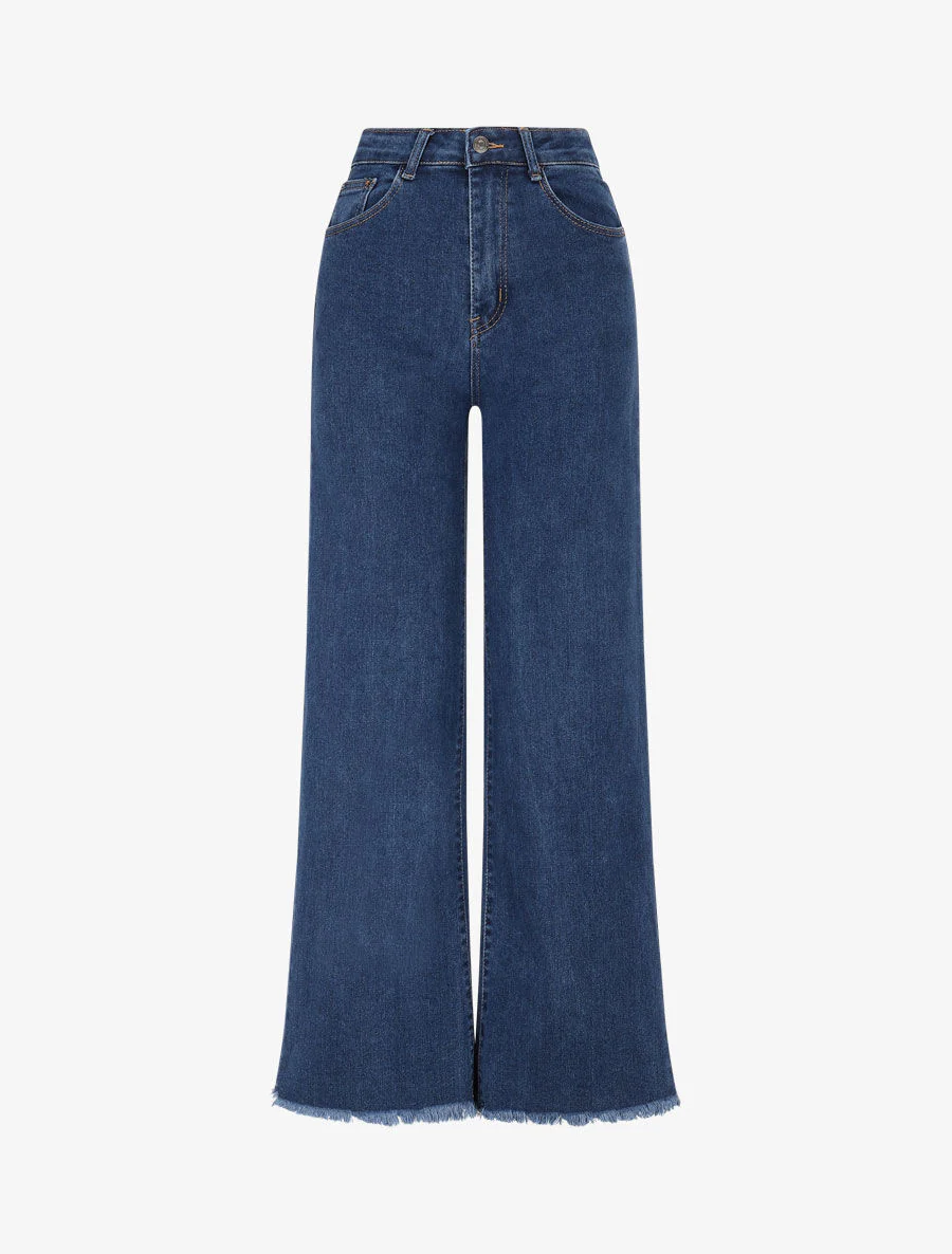 Jean droit taille haute à bords effilochés - Denim