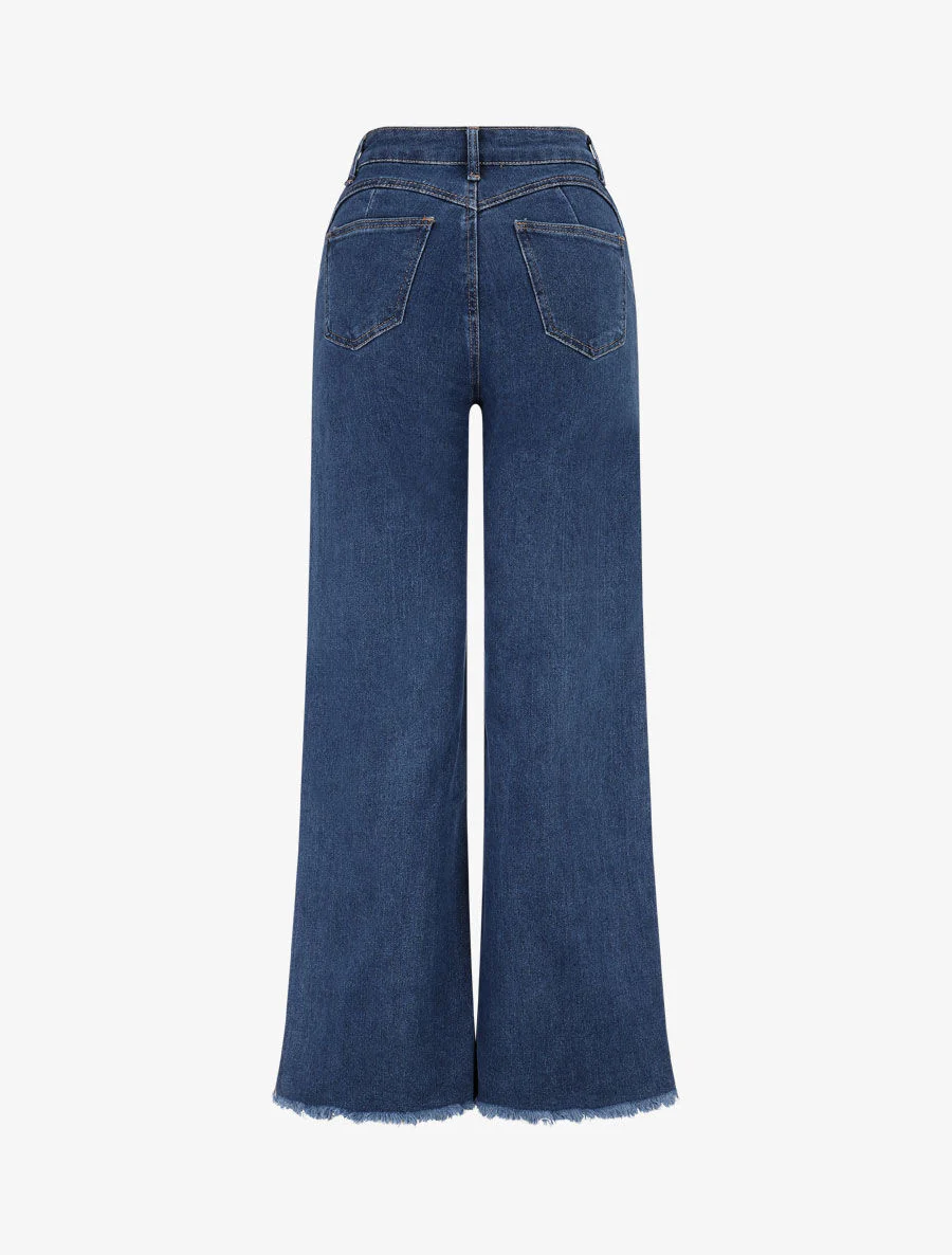 Jean droit taille haute à bords effilochés - Denim - Image 2