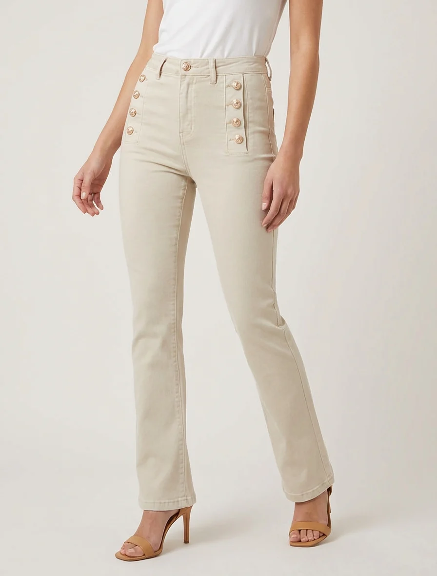 Jean droit taille standard boutonnée - Beige - Image 4