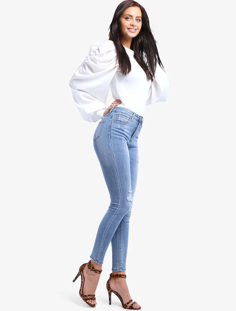 Jean effet usé et griffé - denim clair - Image 3